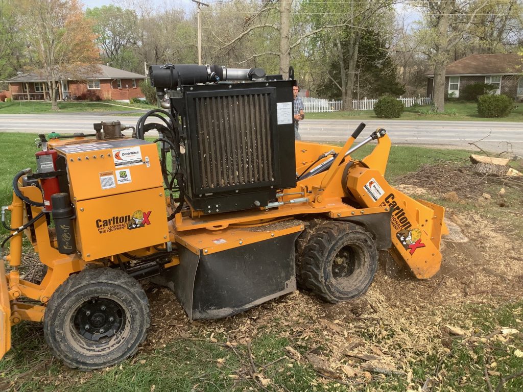 A heavy duty stump grinder chews through a tree stump.