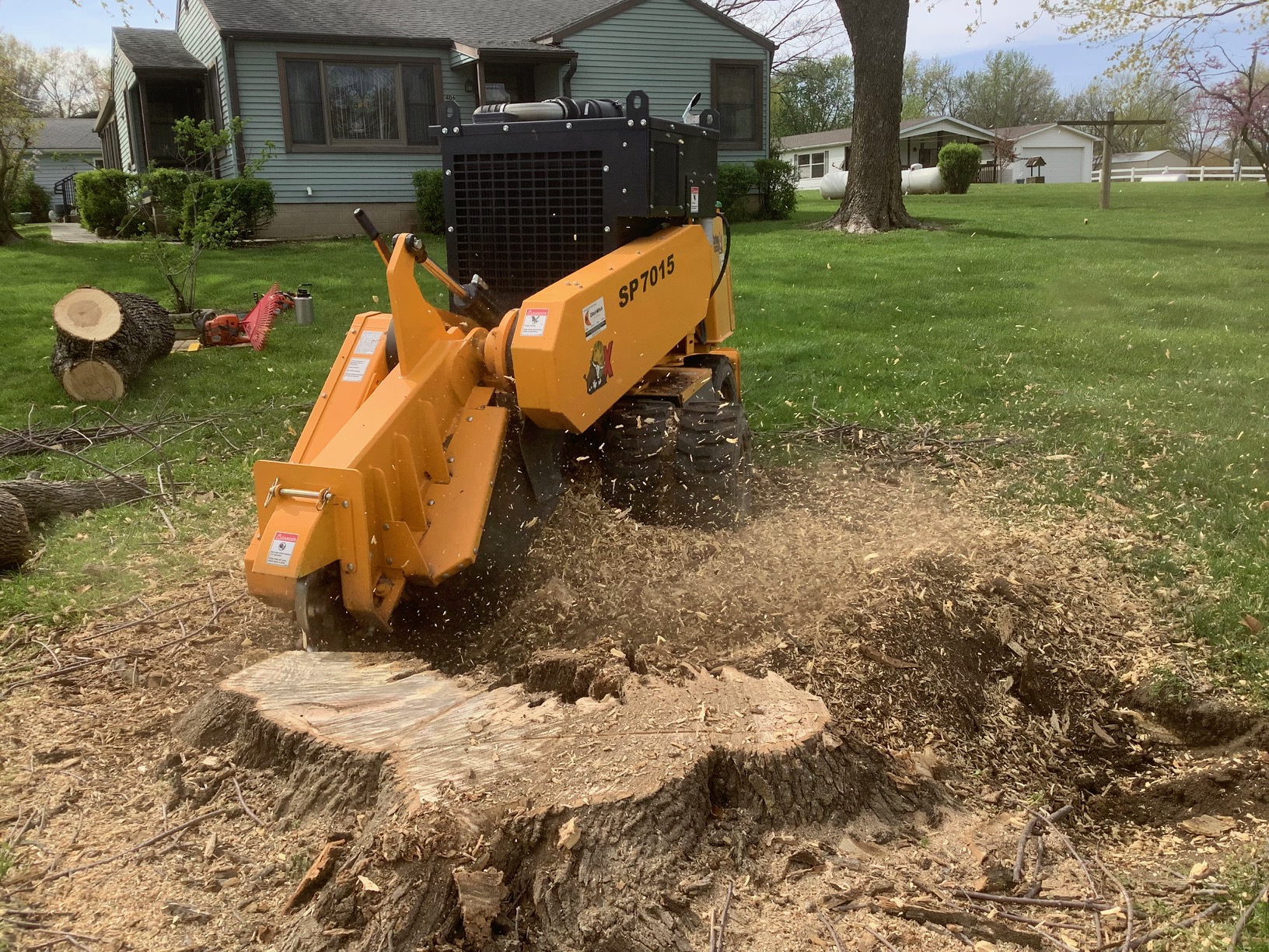 A heavy duty stump grinder chews through a tree stump in a residential yard.
